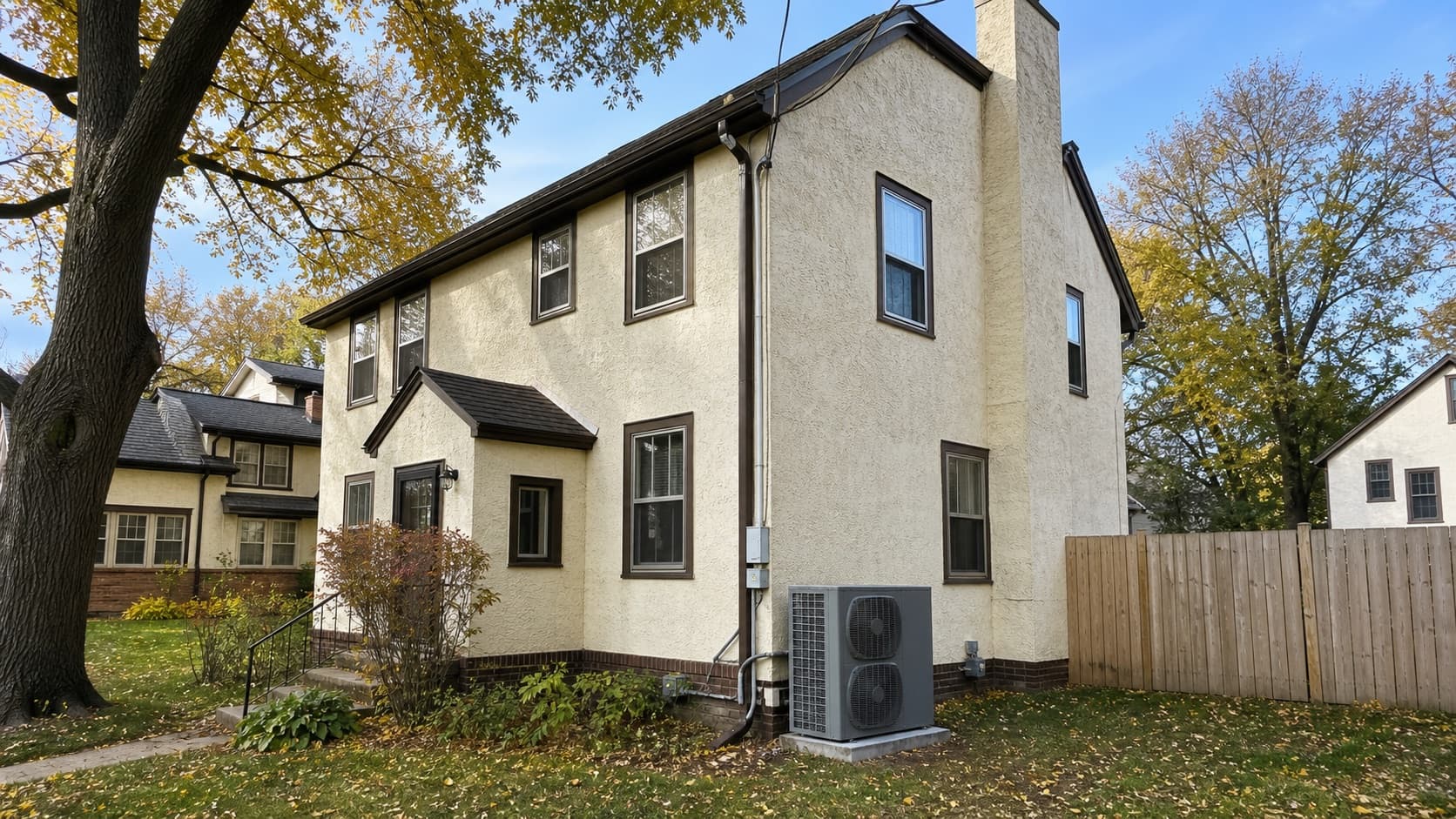 Representative 1920s South Minneapolis stucco home with a cold-climate heat pump